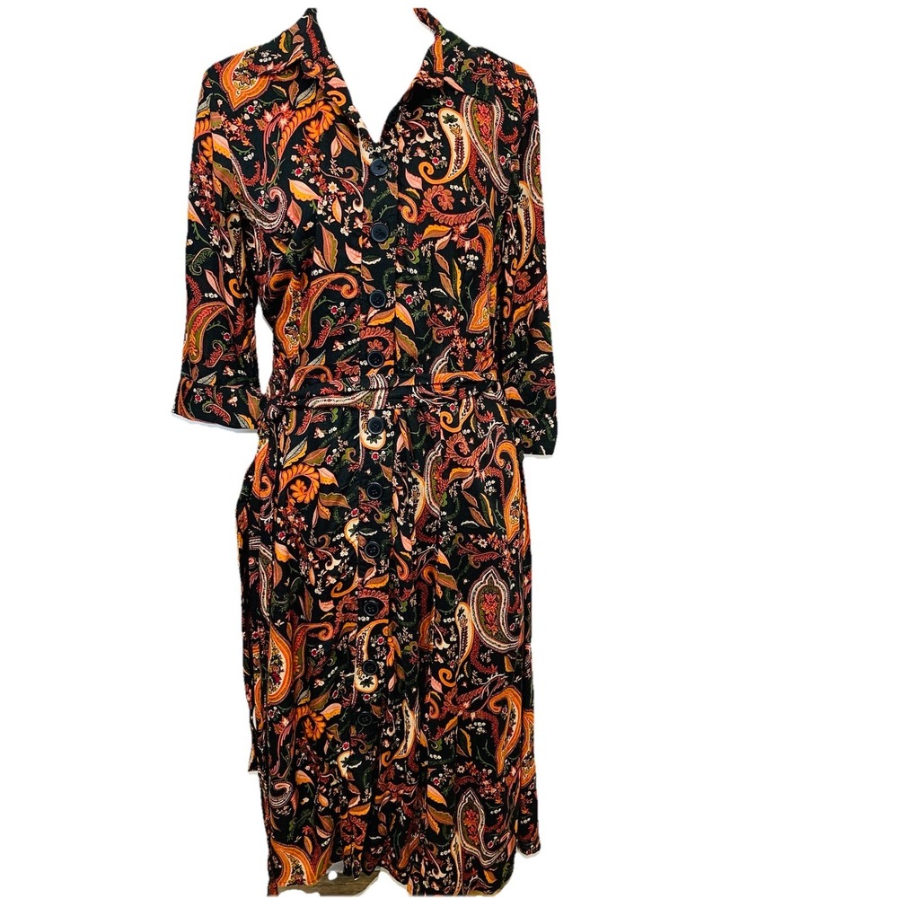 Wayward Fancies eShakit Button Front Midi Dress Orange Floral Fall L Pockets